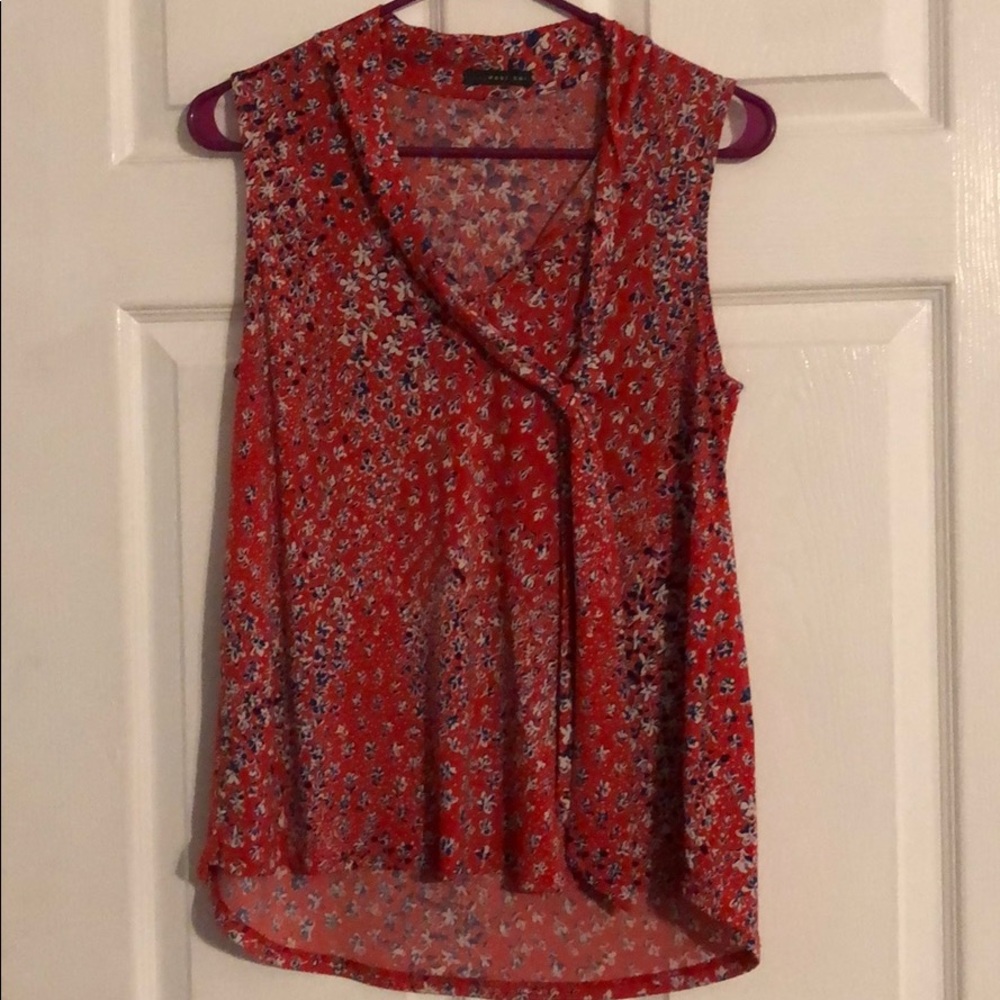 Red floral tank with tie in front